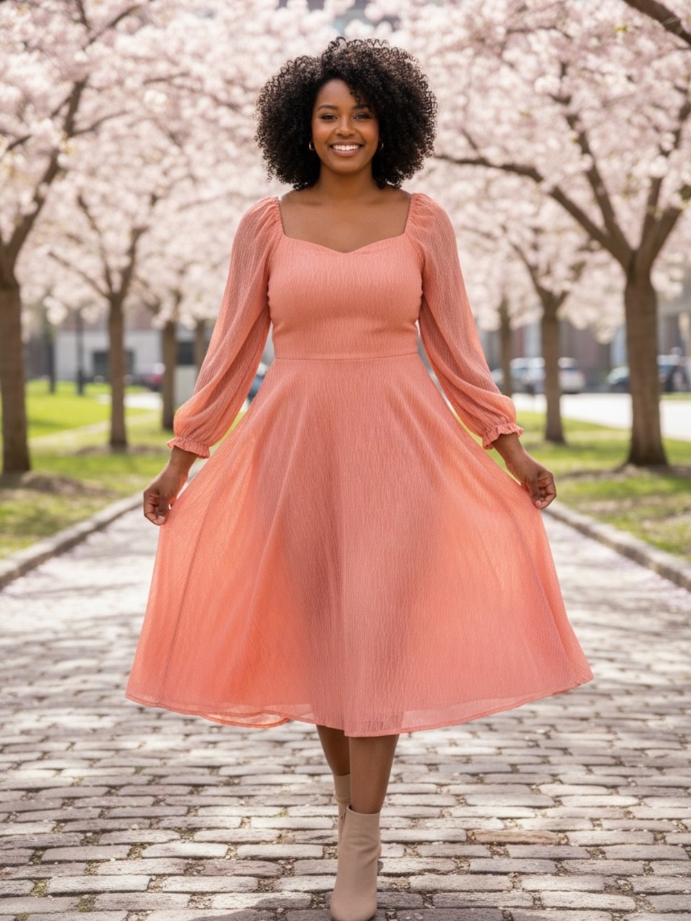 Square-Neck Blush Pink Midi Dress with Sheer Long Sleeves - Women's Size Large